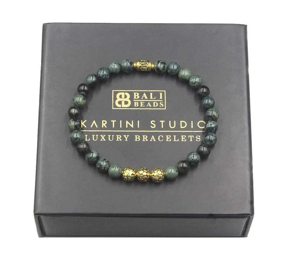 Jade Bracelet, Dark Green Jade and 22K Gold Plated Sterling Silver Beads Bracelet