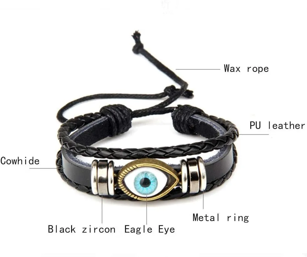 JczR.Y Leather Evil Eye Bracelets Cuff Bohemian Retro Multi-Layer Turquoise Beads Braided Leather Rope Bracelet Bangle for Women Men