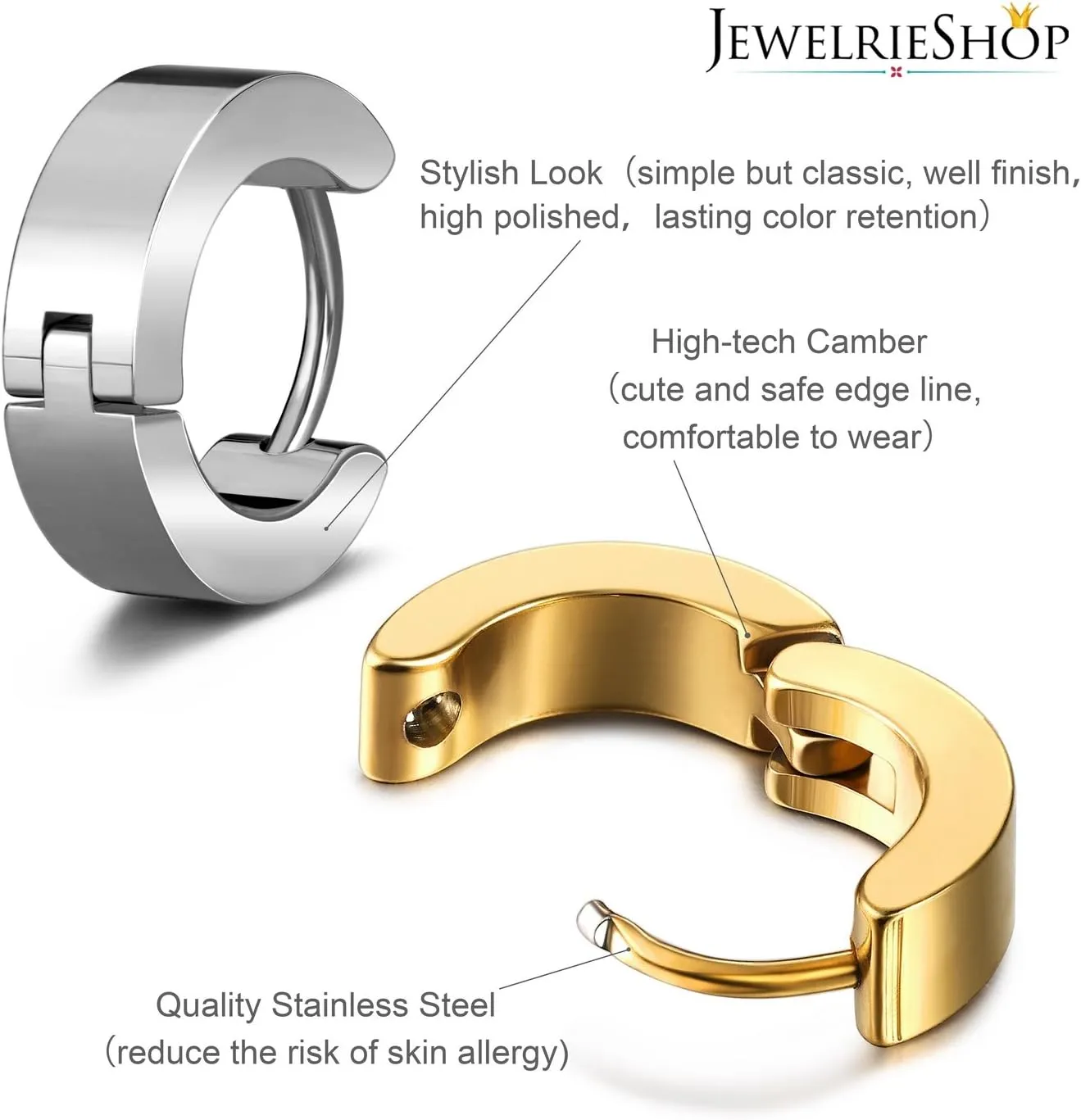 JewelrieShop Men Jewelry Set Huggie Earrings Hinged Hoop Dangle Earrings, Stainless Steel, Hypoallergenic, Urban Hoop Earrings