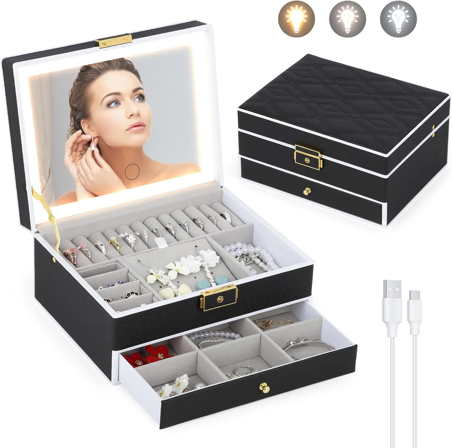 Jewelry Box with Mirror and LED Lights Two Layers Jewelry Organizer Storage Case for Women Girls Display for Earrings Bracelets Rings Watches (Black)