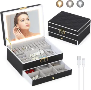 Jewelry Box with Mirror and LED Lights Two Layers Jewelry Organizer Storage Case for Women Girls Display for Earrings Bracelets Rings Watches (Black)
