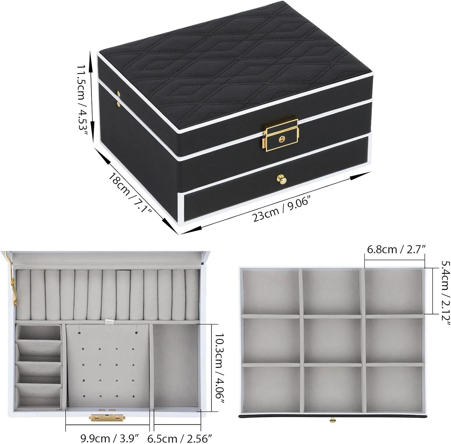 Jewelry Box with Mirror and LED Lights Two Layers Jewelry Organizer Storage Case for Women Girls Display for Earrings Bracelets Rings Watches (Black)