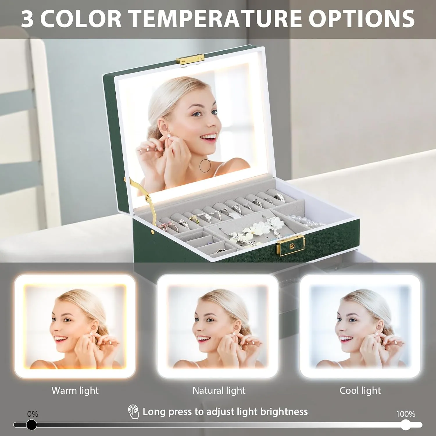 Jewelry Box with Mirror and LED Lights Two Layers Jewelry Organizer Storage Case for Women Girls Display for Earrings Bracelets Rings Watches (Green)