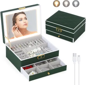 Jewelry Box with Mirror and LED Lights Two Layers Jewelry Organizer Storage Case for Women Girls Display for Earrings Bracelets Rings Watches (Green)