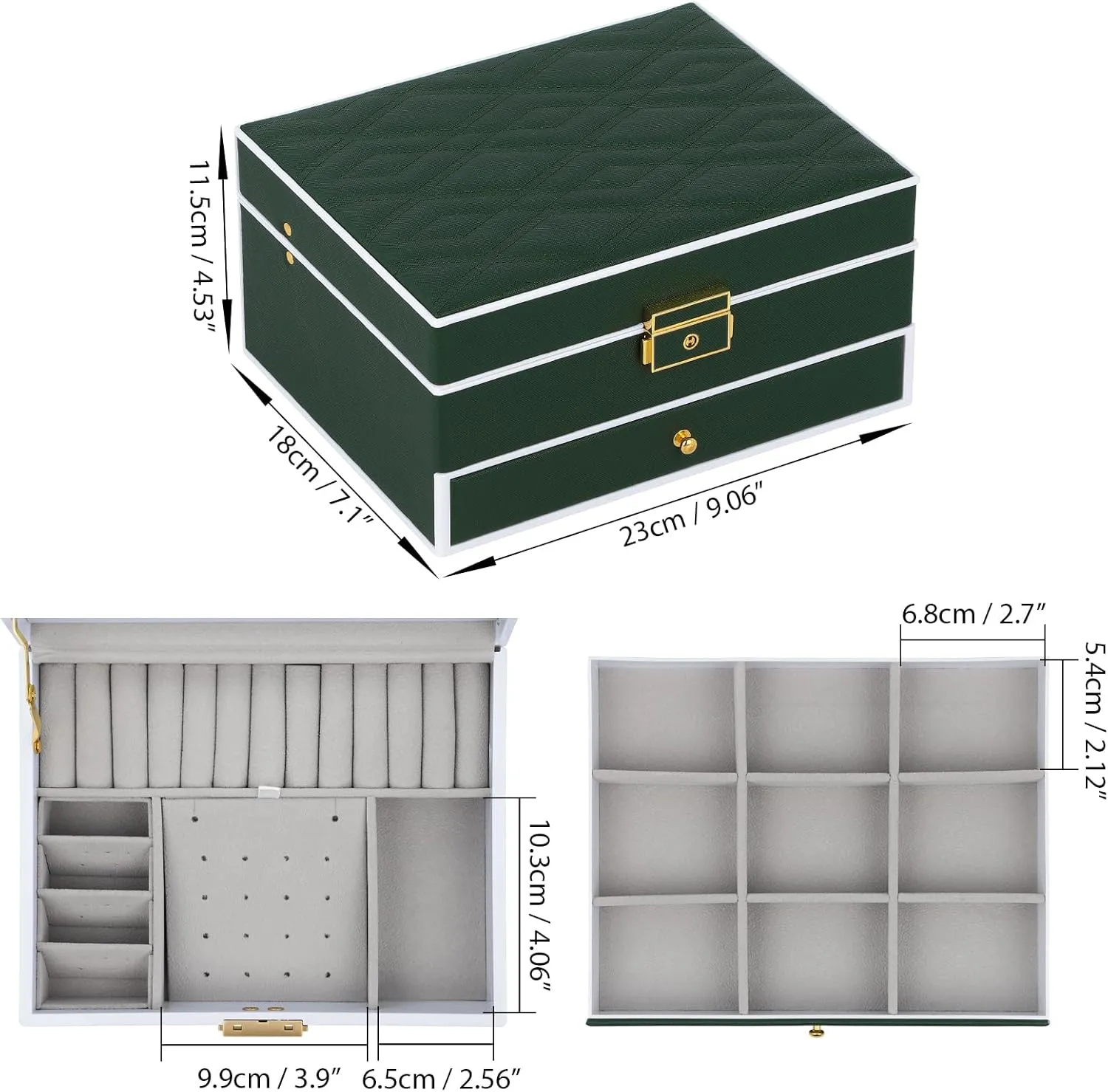 Jewelry Box with Mirror and LED Lights Two Layers Jewelry Organizer Storage Case for Women Girls Display for Earrings Bracelets Rings Watches (Green)