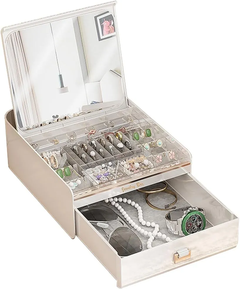 Jewelry Box with Mirror, Flip linked Jewelry Display Storage Box, 2 Tier Jewelry Organizer with Velvet Lining for Earring Necklace Bracelet, Ideal Gift for Girls, Wife, Daughter
