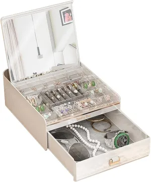 Jewelry Box with Mirror, Flip linked Jewelry Display Storage Box, 2 Tier Jewelry Organizer with Velvet Lining for Earring Necklace Bracelet, Ideal Gift for Girls, Wife, Daughter