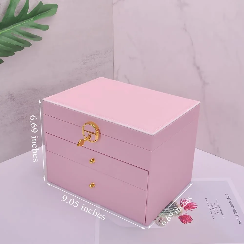 Jewelry Box Women Girls Earrings Holder Necklace Hook PVC Leather Jewelry Organizer Rings Storage Case Lockable Ear Stud Card Sunglasses Watches Drawers GY307 (Pink)