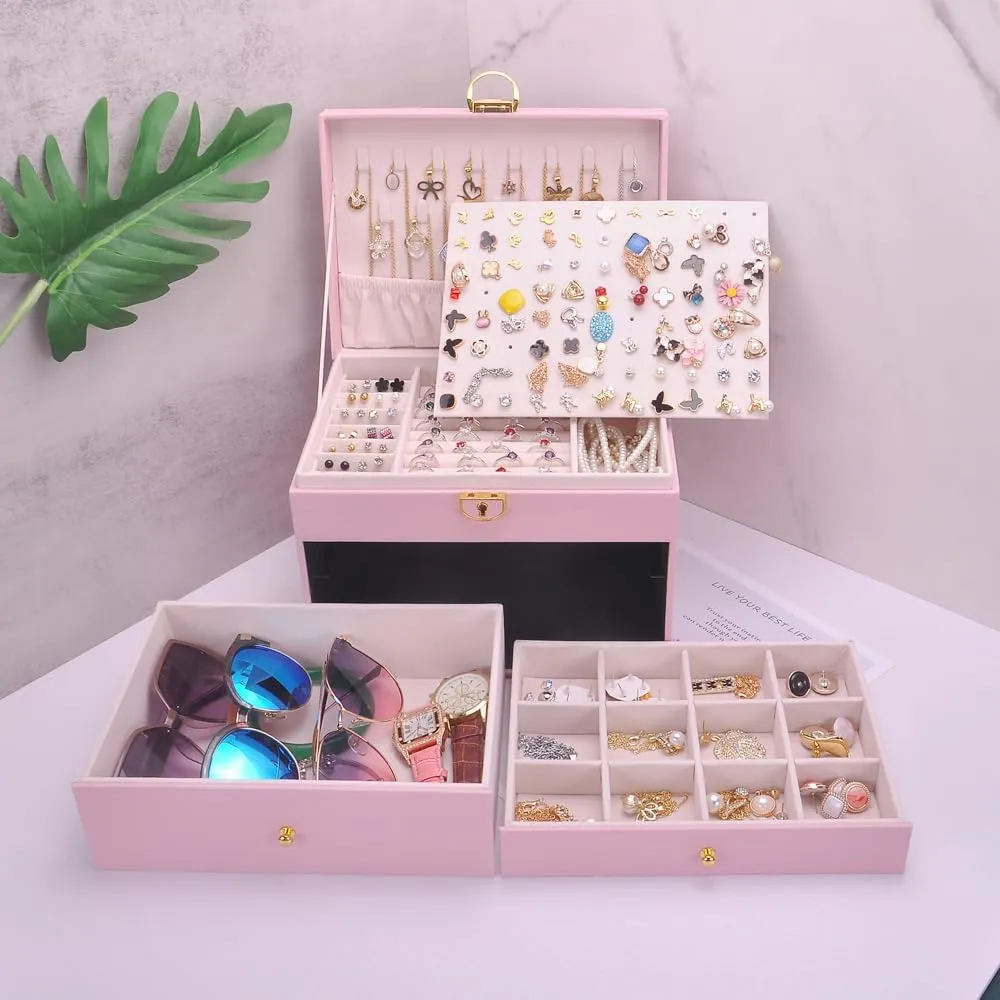 Jewelry Box Women Girls Earrings Holder Necklace Hook PVC Leather Jewelry Organizer Rings Storage Case Lockable Ear Stud Card Sunglasses Watches Drawers GY307 (Pink)