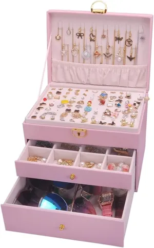 Jewelry Box Women Girls Earrings Holder Necklace Hook PVC Leather Jewelry Organizer Rings Storage Case Lockable Ear Stud Card Sunglasses Watches Drawers GY307 (Pink)