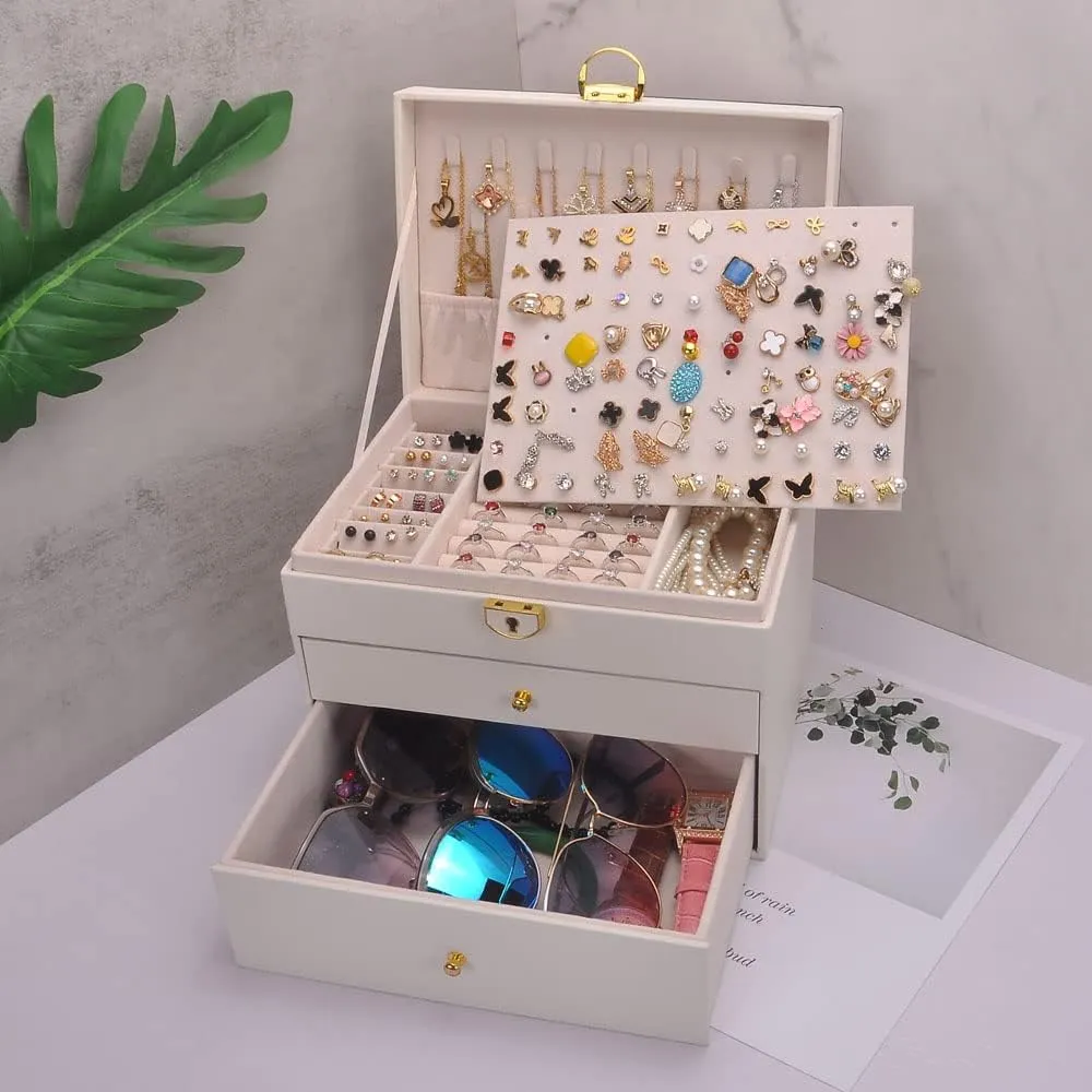 Jewelry Box Women Girls Earrings Holder Necklace Hooks PVC Leather Jewelry Organizer Rings Storage Case Lockable Ear Stud Card Sunglasses Watches Drawers GY307 (White)