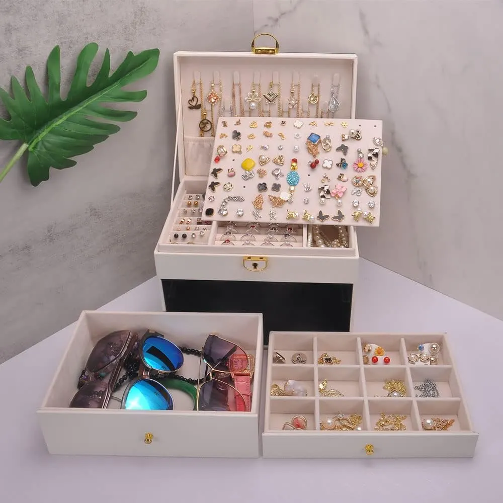 Jewelry Box Women Girls Earrings Holder Necklace Hooks PVC Leather Jewelry Organizer Rings Storage Case Lockable Ear Stud Card Sunglasses Watches Drawers GY307 (White)