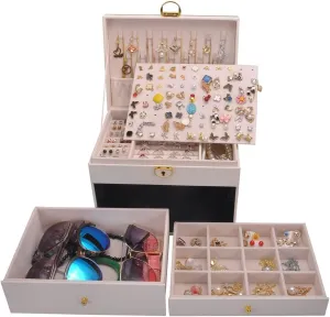 Jewelry Box Women Girls Earrings Holder Necklace Hooks PVC Leather Jewelry Organizer Rings Storage Case Lockable Ear Stud Card Sunglasses Watches Drawers GY307 (White)