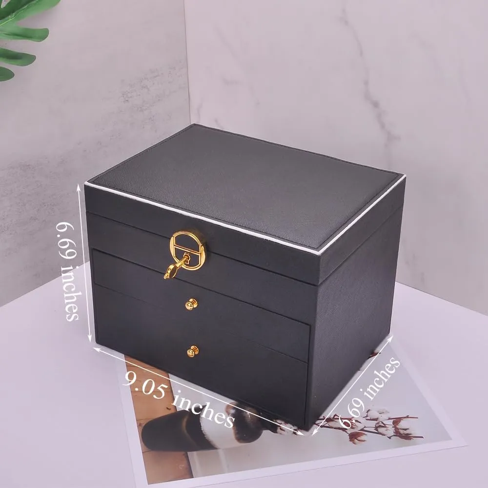 Jewelry Box Women Girls Earrings Holder Necklace keeper PVC Leather Jewelry Organizer Rings Storage Case Lockable Ear Stud Card Sunglasses Watches Drawers GY307 (Black)