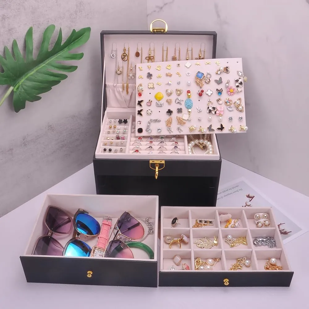 Jewelry Box Women Girls Earrings Holder Necklace keeper PVC Leather Jewelry Organizer Rings Storage Case Lockable Ear Stud Card Sunglasses Watches Drawers GY307 (Black)