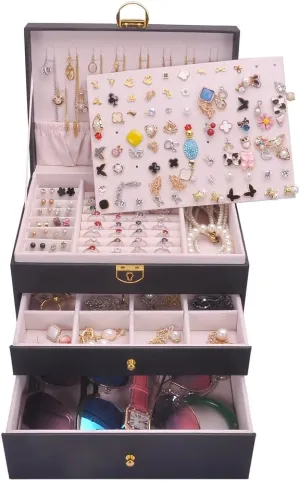 Jewelry Box Women Girls Earrings Holder Necklace keeper PVC Leather Jewelry Organizer Rings Storage Case Lockable Ear Stud Card Sunglasses Watches Drawers GY307 (Black)