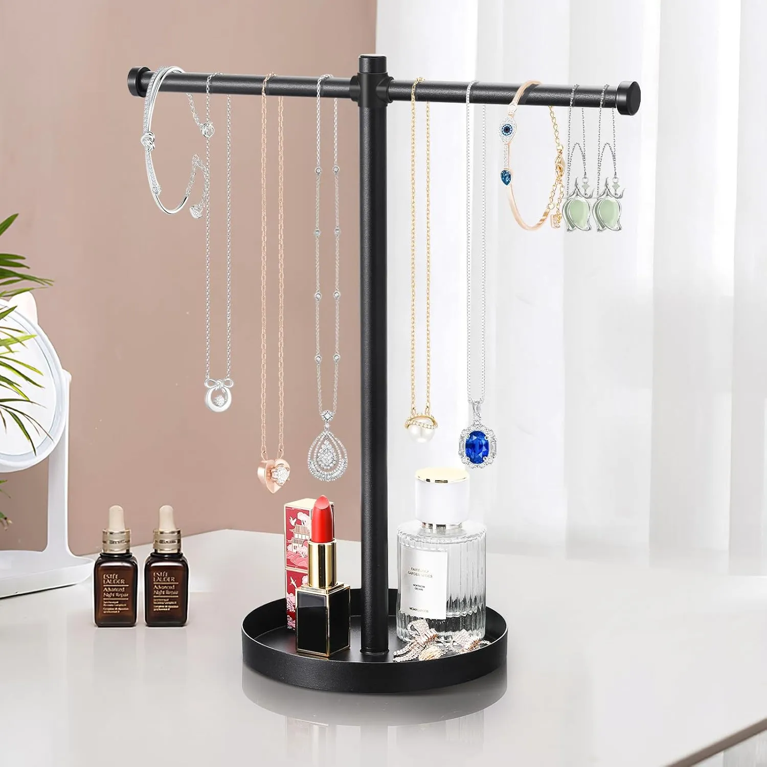 Jewelry Necklace Organizer Stand,12.9" Tall Sturdy Metal Jewelry Stand with Round Tray for Bracelet Bangles Holder Display,Long Necklace Organizer Holder (black)