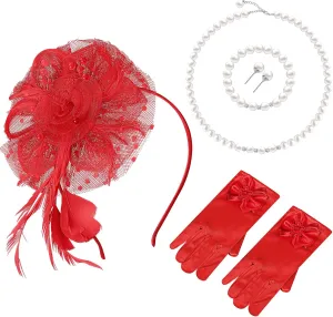 Junkin 5 Pcs Tea Party Gloves Hats Necklace Bracelet Earring Tea Party Accessories for Wedding First Communion