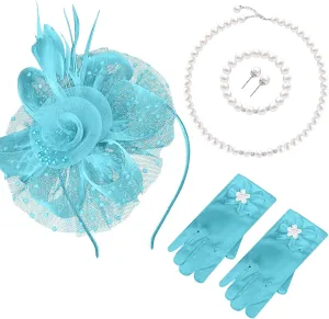 Junkin 5 Pcs Tea Party Gloves Hats Necklace Bracelet Earring Tea Party Accessories for Wedding First Communion