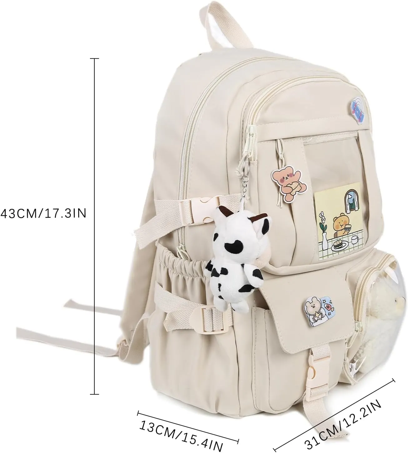 Kawaii Backpack with Bear Plush Kawaii Pin Accessories Cute Aesthetic Bookbag School Bags for Girls Teen (Cute, Begie)