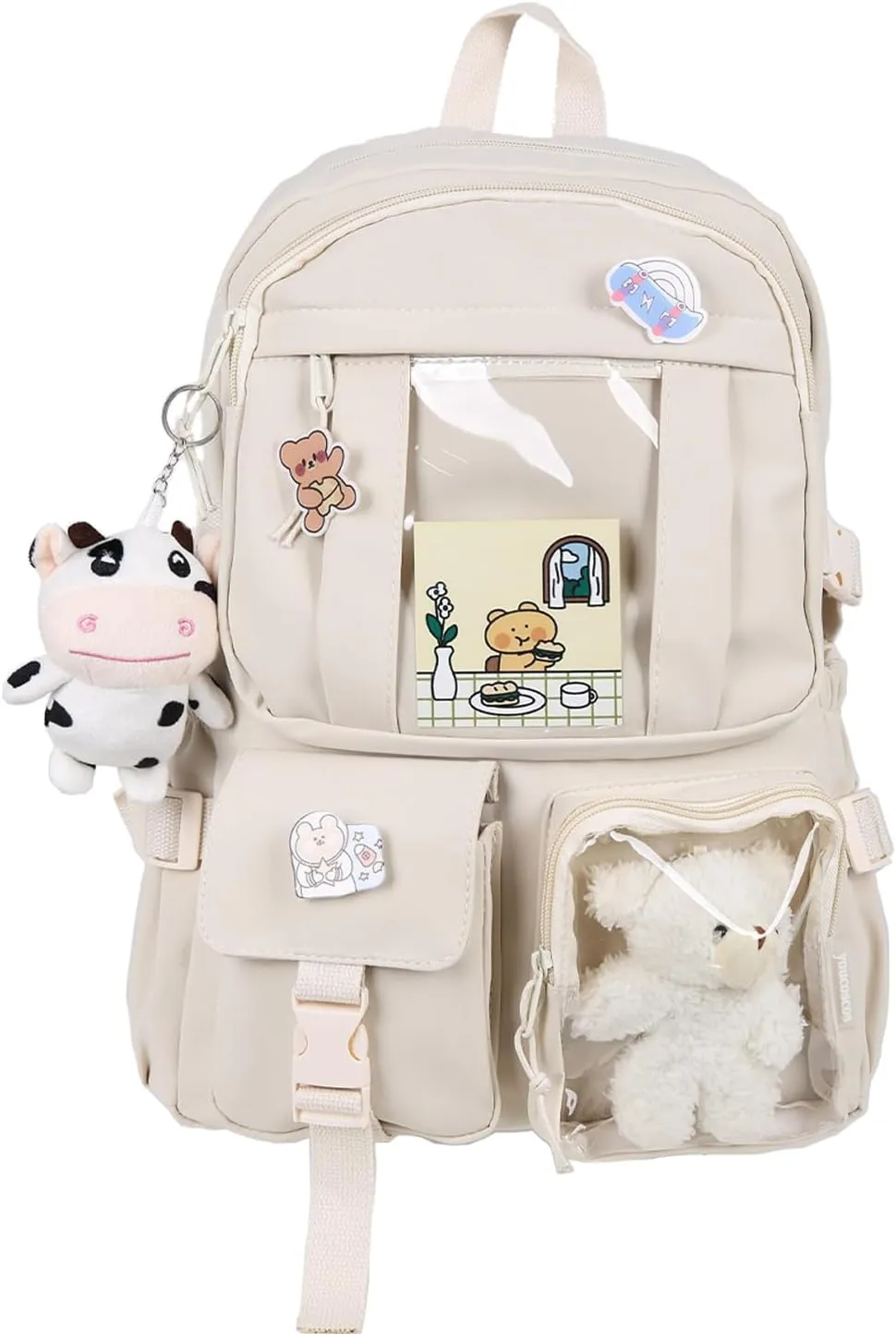 Kawaii Backpack with Bear Plush Kawaii Pin Accessories Cute Aesthetic Bookbag School Bags for Girls Teen (Cute, Begie)