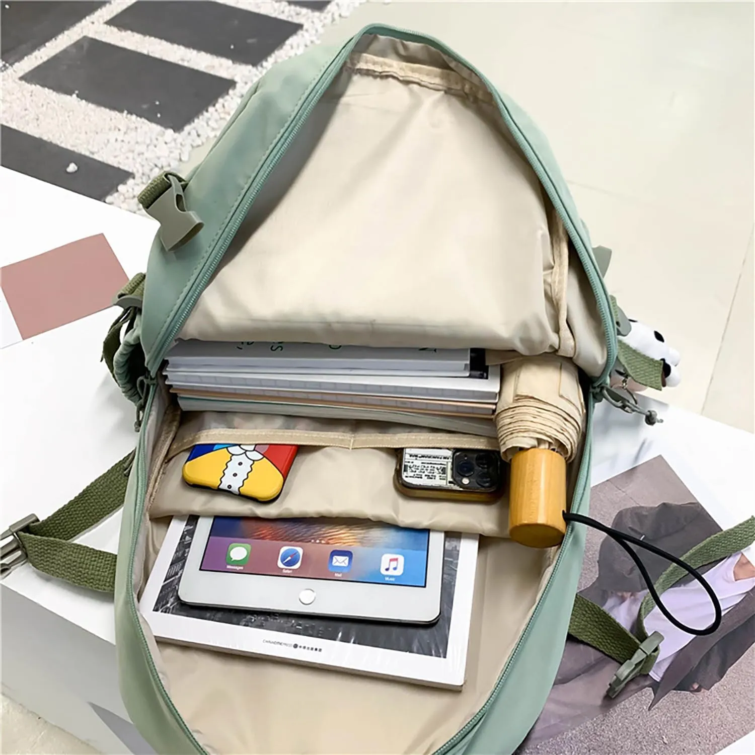 Kawaii Backpack with Bear Plush Kawaii Pin Accessories Cute Aesthetic Bookbag School Bags for Girls Teen (Cute, Begie)