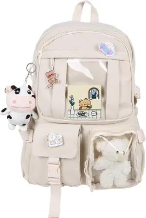 Kawaii Backpack with Bear Plush Kawaii Pin Accessories Cute Aesthetic Bookbag School Bags for Girls Teen (Cute, Begie)