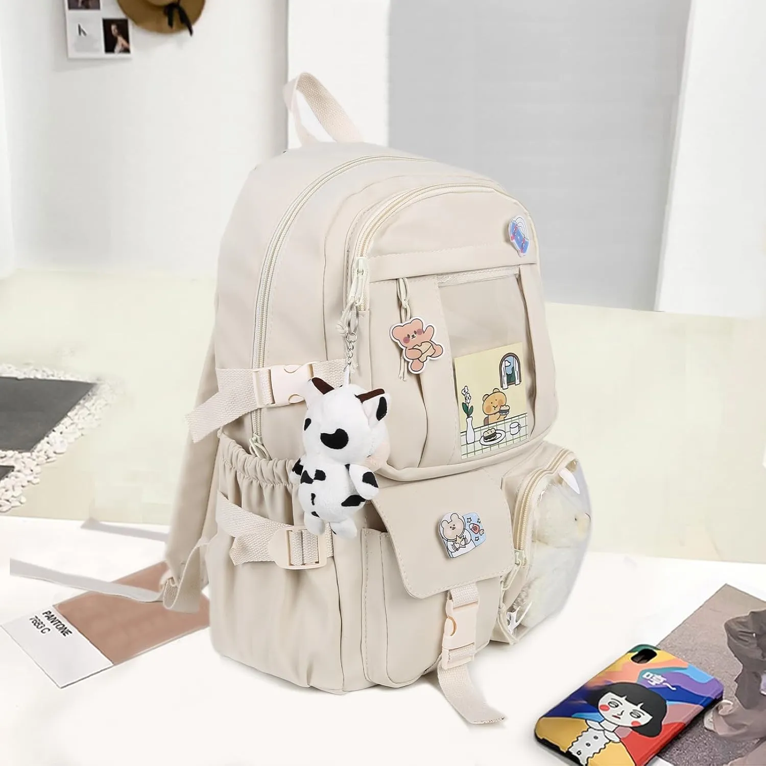 Kawaii Backpack with Bear Plush Kawaii Pin Accessories Cute Aesthetic Bookbag School Bags for Girls Teen (Cute, Begie)