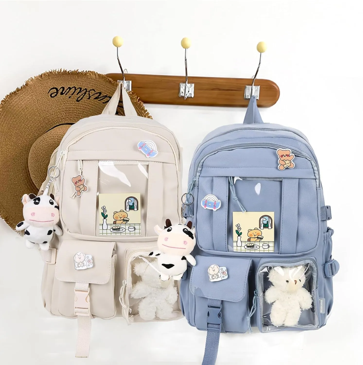 Kawaii Backpack with Bear Plush Kawaii Pin Accessories Cute Aesthetic Bookbag School Bags for Girls Teen (Cute, Begie)