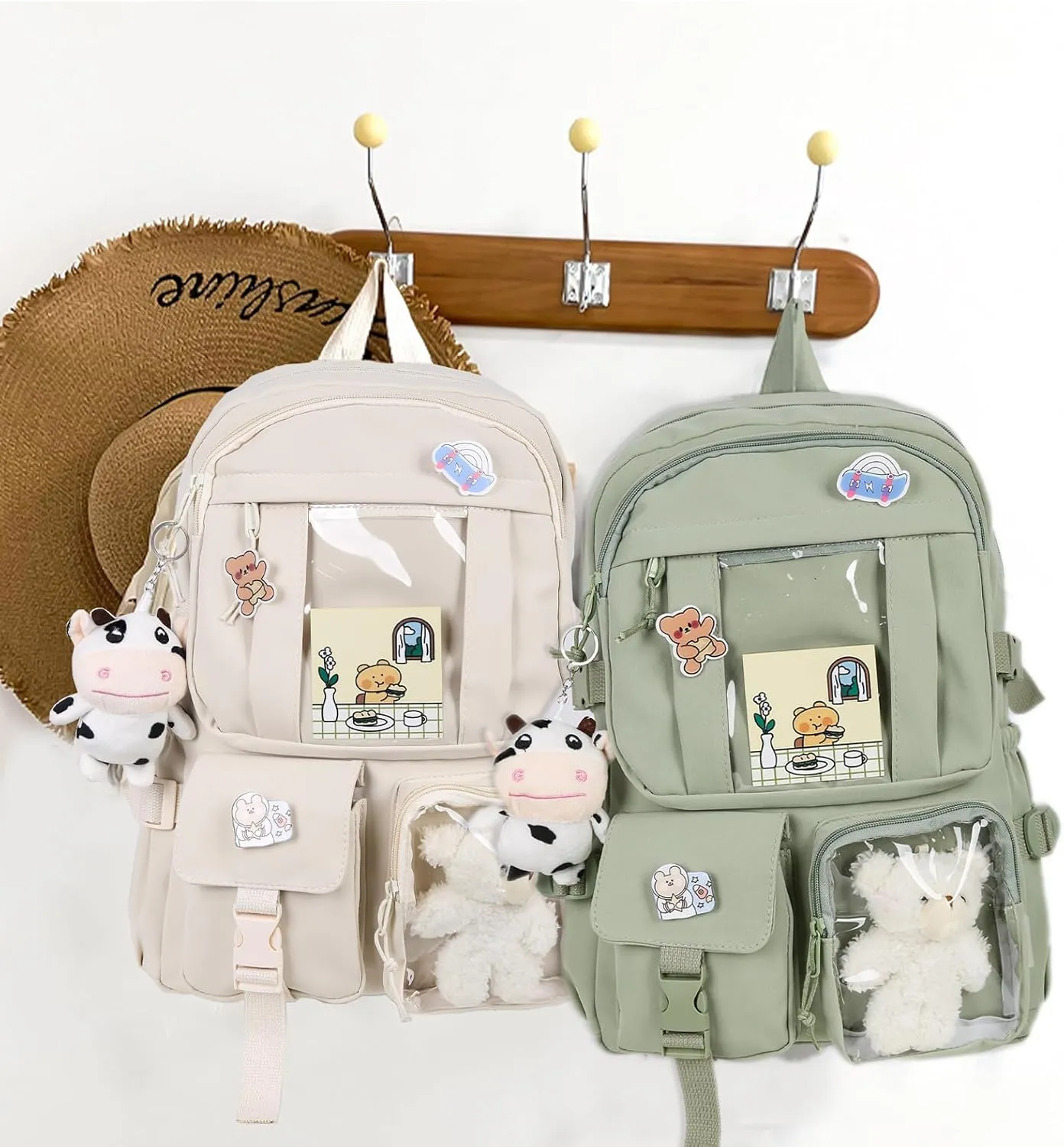Kawaii Backpack with Bear Plush Kawaii Pin Accessories Cute Aesthetic Bookbag School Bags for Girls Teen (Cute, Begie)