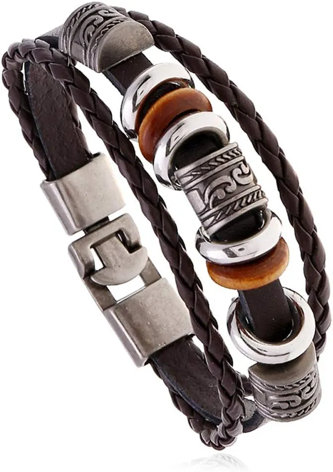 kelistom Genuine Leather Bracelet for Men Women Teen Boys Girls, Handmade Braided Link Charm Bracelets Wristbands Gothic Adjustable Wrap Bracelet