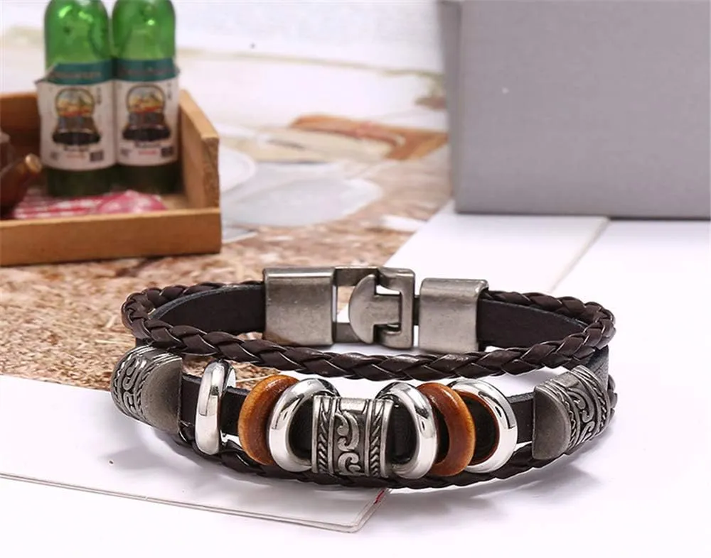 kelistom Genuine Leather Bracelet for Men Women Teen Boys Girls, Handmade Braided Link Charm Bracelets Wristbands Gothic Adjustable Wrap Bracelet