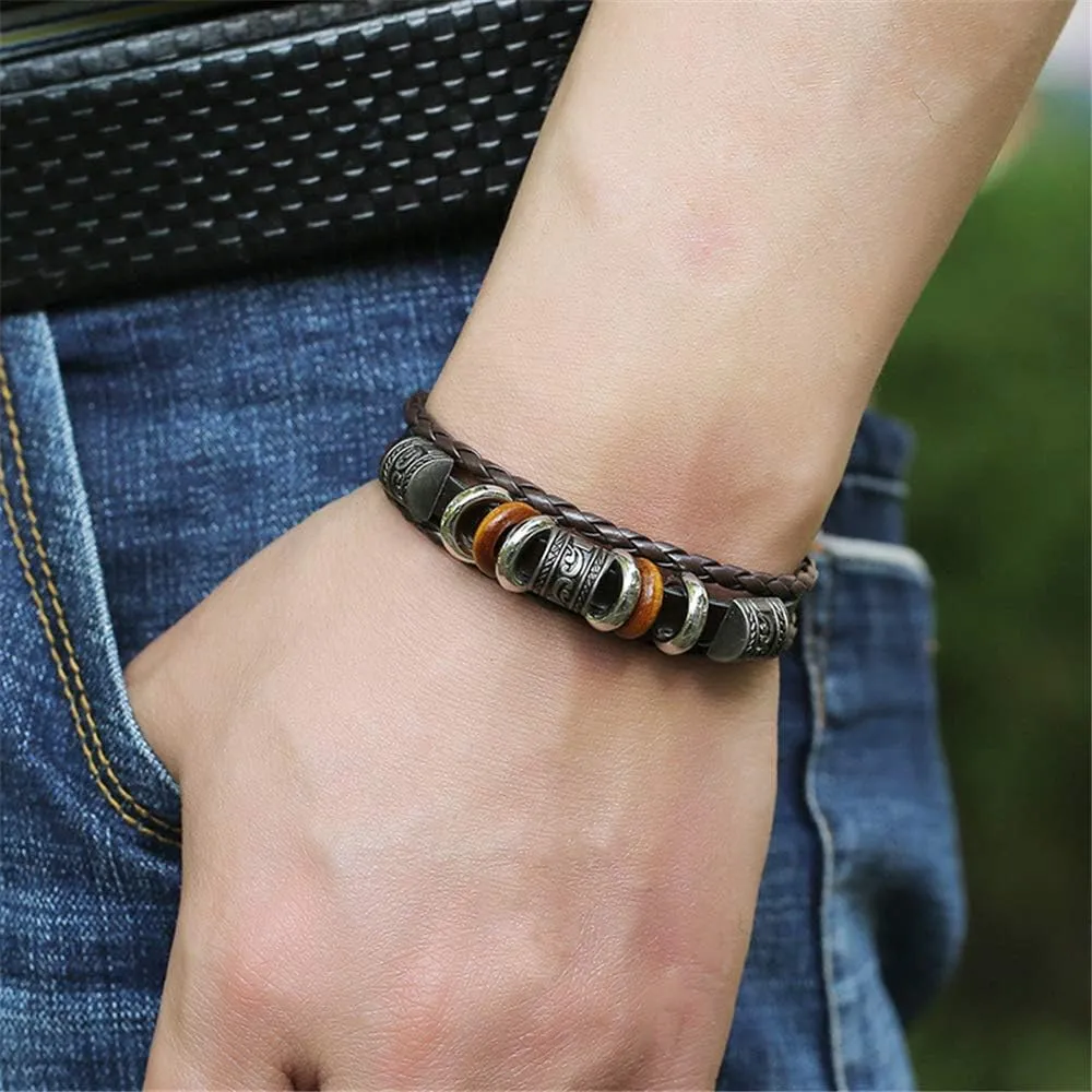 kelistom Genuine Leather Bracelet for Men Women Teen Boys Girls, Handmade Braided Link Charm Bracelets Wristbands Gothic Adjustable Wrap Bracelet
