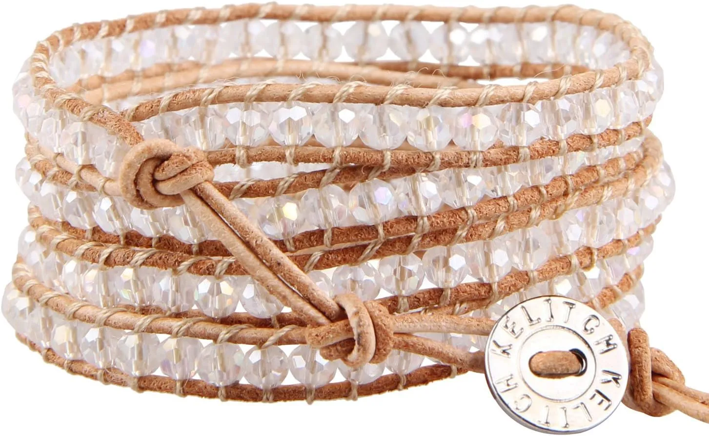 KELITCH 5 Wrap Leather Bracelets for Women Natural Leather Cuff Clear Crystal Beaded Bracelet Fashion Jewelry Gift