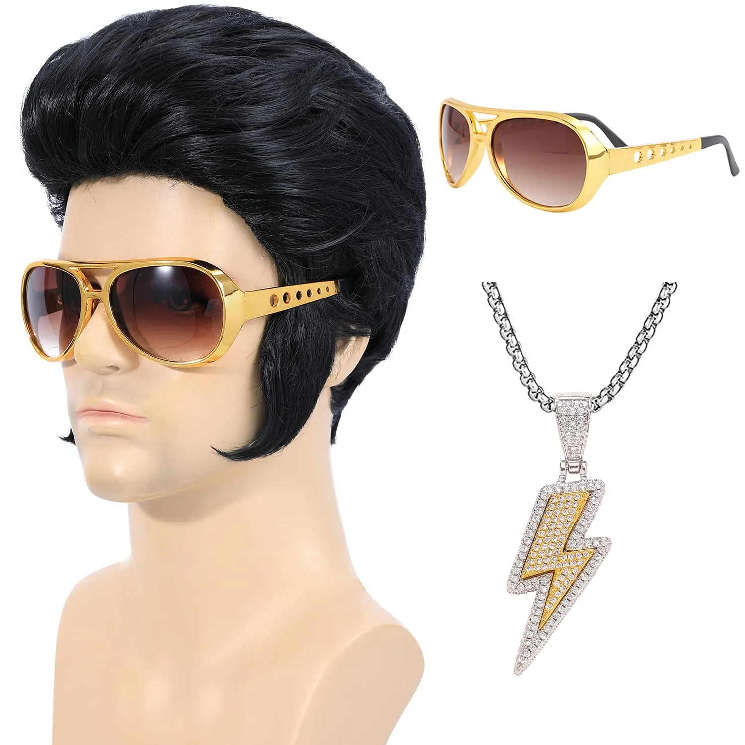 Kids 50s Rock Legend Wig with Sunglasses and Necklace 4 Pcs Set Singer Rocker Costume Wigs for Cosplay Halloween Party (Kids)