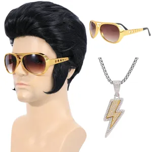 Kids 50s Rock Legend Wig with Sunglasses and Necklace 4 Pcs Set Singer Rocker Costume Wigs for Cosplay Halloween Party (Kids)