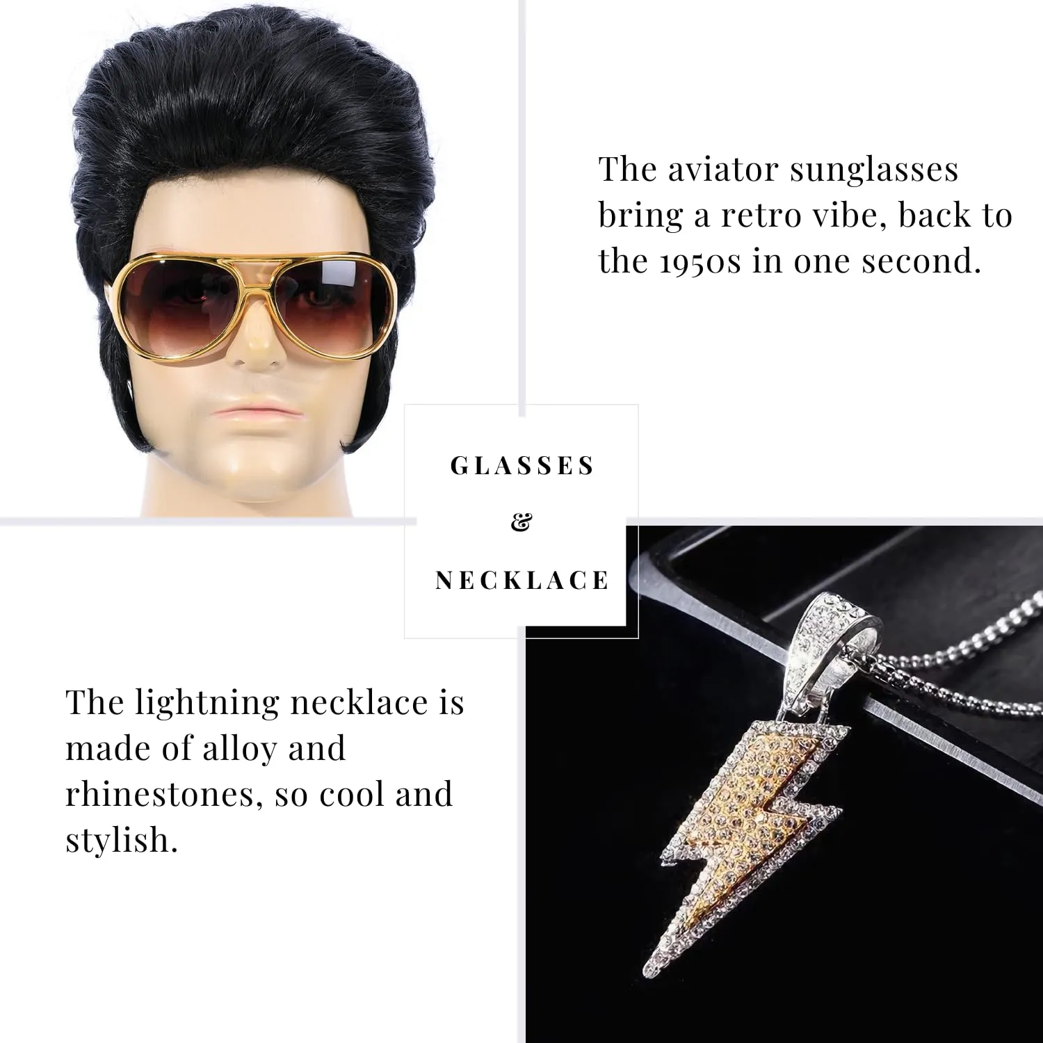 Kids 50s Rock Legend Wig with Sunglasses and Necklace 4 Pcs Set Singer Rocker Costume Wigs for Cosplay Halloween Party (Kids)