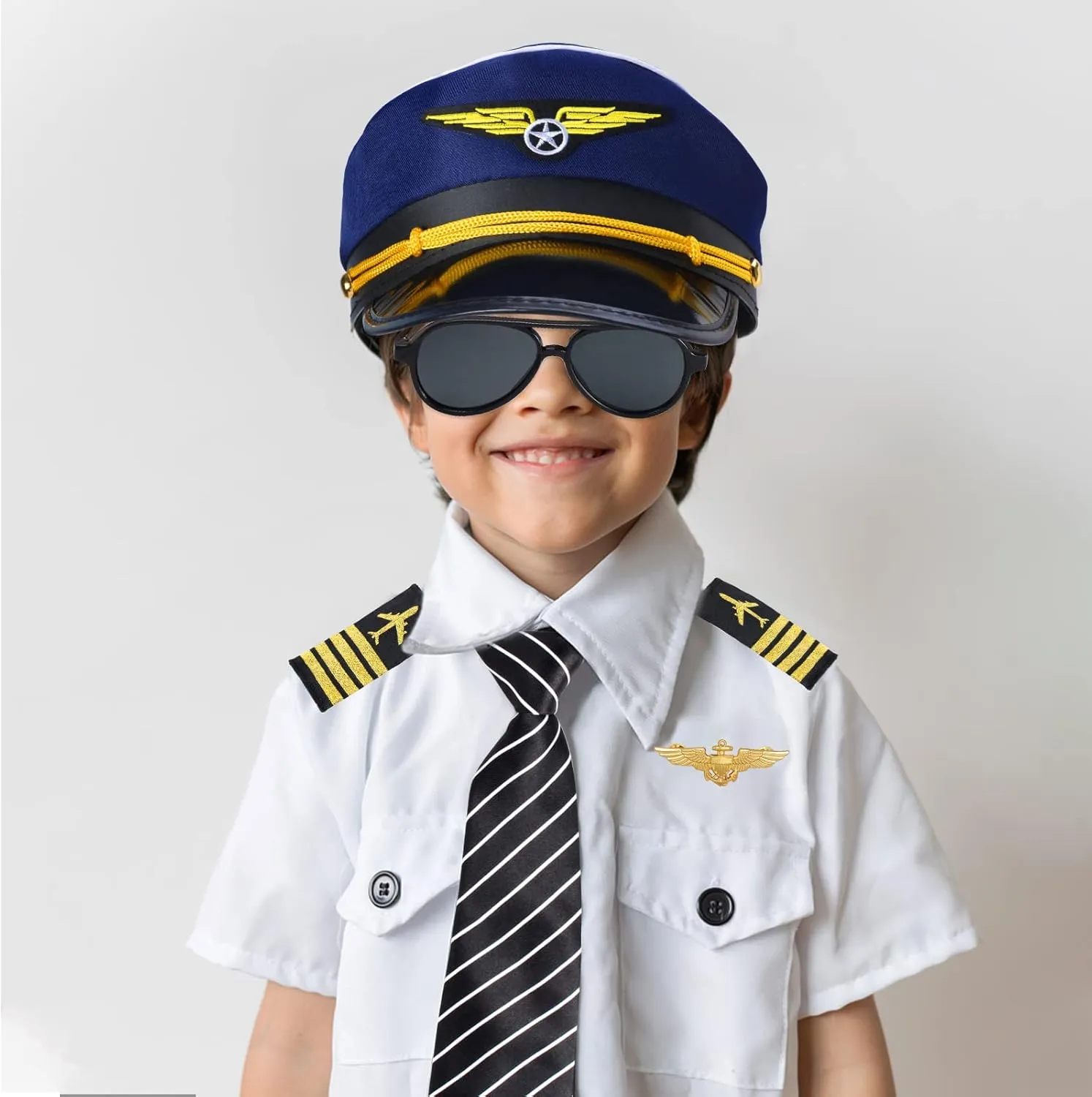 Kids Pilot Costume Accessories Set With Aviator Hat Sunglasses Tie Pin for Aviation Halloween Dress Up