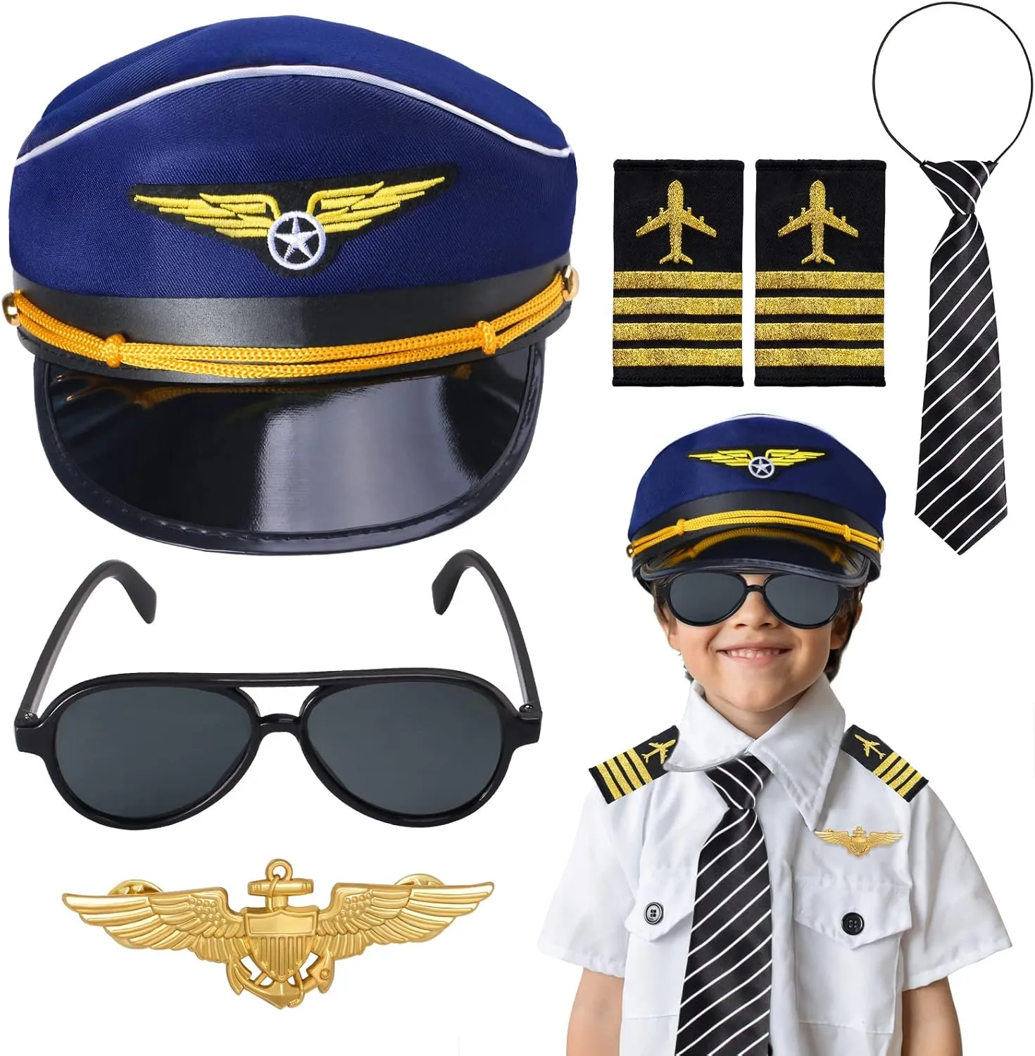 Kids Pilot Costume Accessories Set With Aviator Hat Sunglasses Tie Pin for Aviation Halloween Dress Up