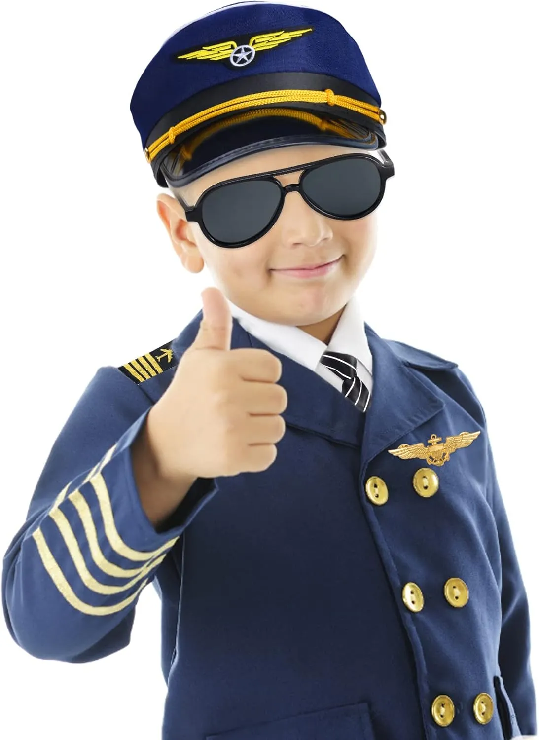 Kids Pilot Costume Accessories Set With Aviator Hat Sunglasses Tie Pin for Aviation Halloween Dress Up