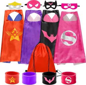 Kids Superhero Capes Set and Slap Bracelets Toys for Girls Party Supplies Christmas Halloween Birthday Party Dress UP 4-pack
