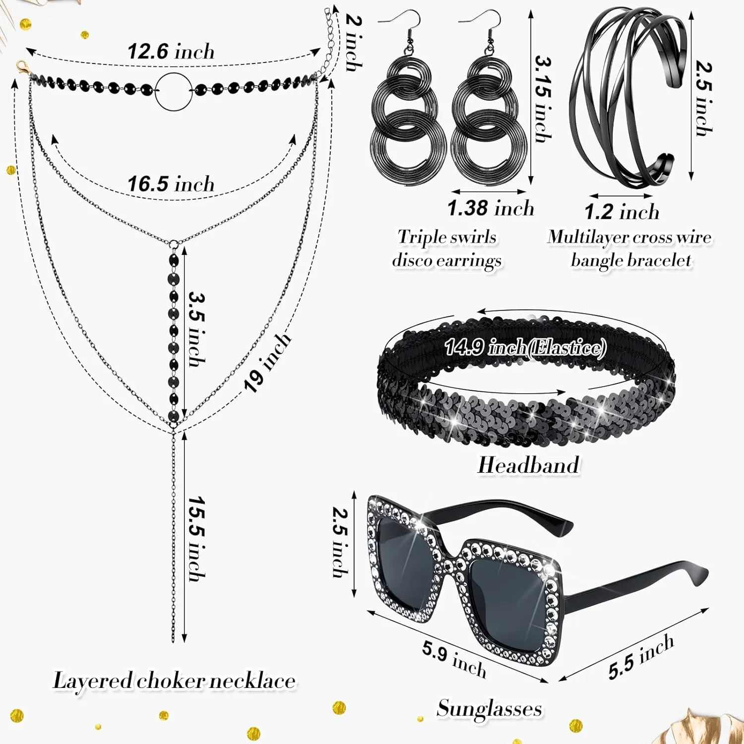 Kigeli 5 Pcs 70s Disco Accessories Cuff Bracelet Swirl Disco Earrings Sunglasses Layered Choker Necklace Sequin Headband