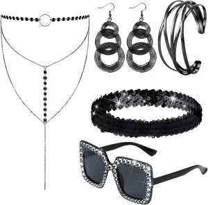 Kigeli 5 Pcs 70s Disco Accessories Cuff Bracelet Swirl Disco Earrings Sunglasses Layered Choker Necklace Sequin Headband