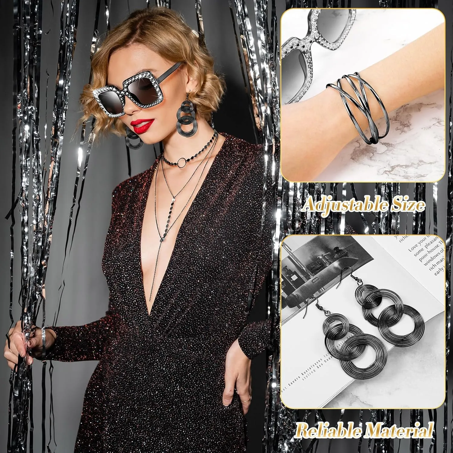Kigeli 5 Pcs 70s Disco Accessories Cuff Bracelet Swirl Disco Earrings Sunglasses Layered Choker Necklace Sequin Headband
