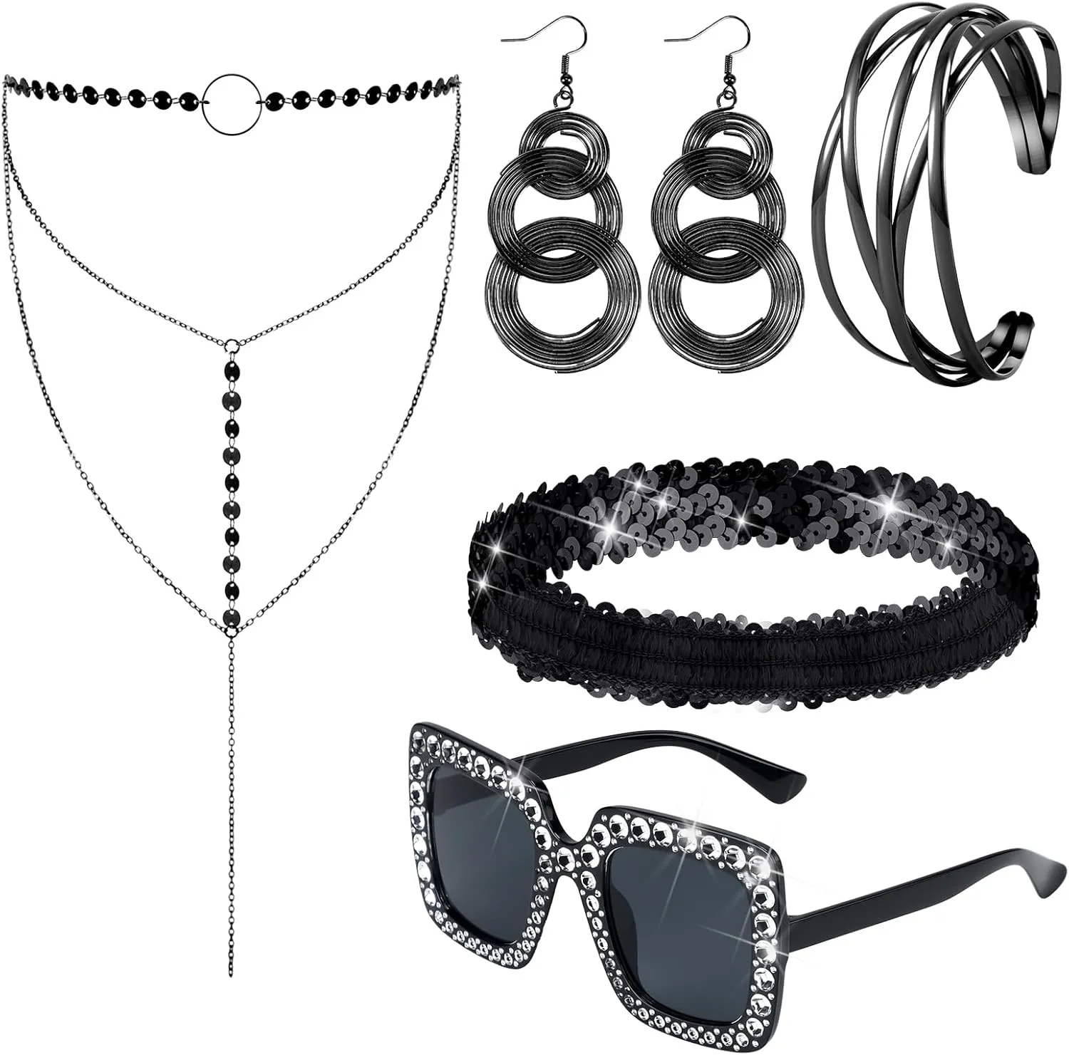 Kigeli 5 Pcs 70s Disco Accessories Cuff Bracelet Swirl Disco Earrings Sunglasses Layered Choker Necklace Sequin Headband