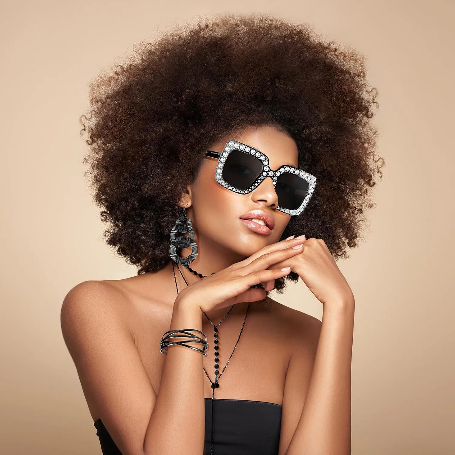Kigeli 5 Pcs 70s Disco Accessories Cuff Bracelet Swirl Disco Earrings Sunglasses Layered Choker Necklace Sequin Headband