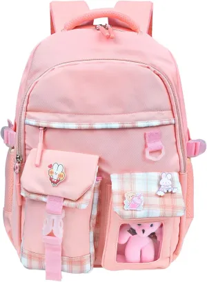 KingBig Girls School Backpack with Cute Pin Accessories Plush Pendant Kawaii School Backpack Cute Aesthetic Backpack for Teens Girls Women Students (Pink)
