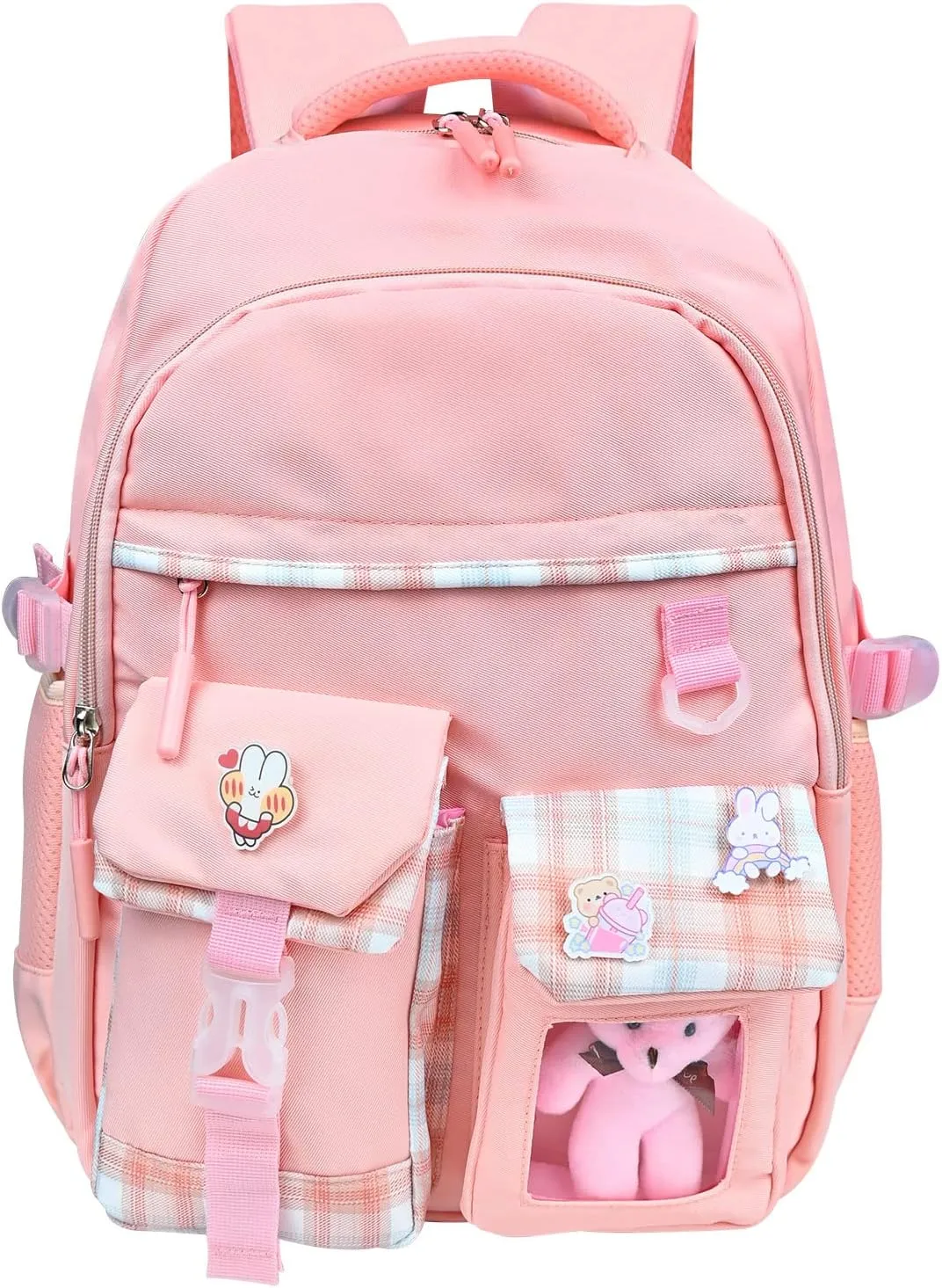 KingBig Girls School Backpack with Cute Pin Accessories Plush Pendant Kawaii School Backpack Cute Aesthetic Backpack for Teens Girls Women Students (Pink)