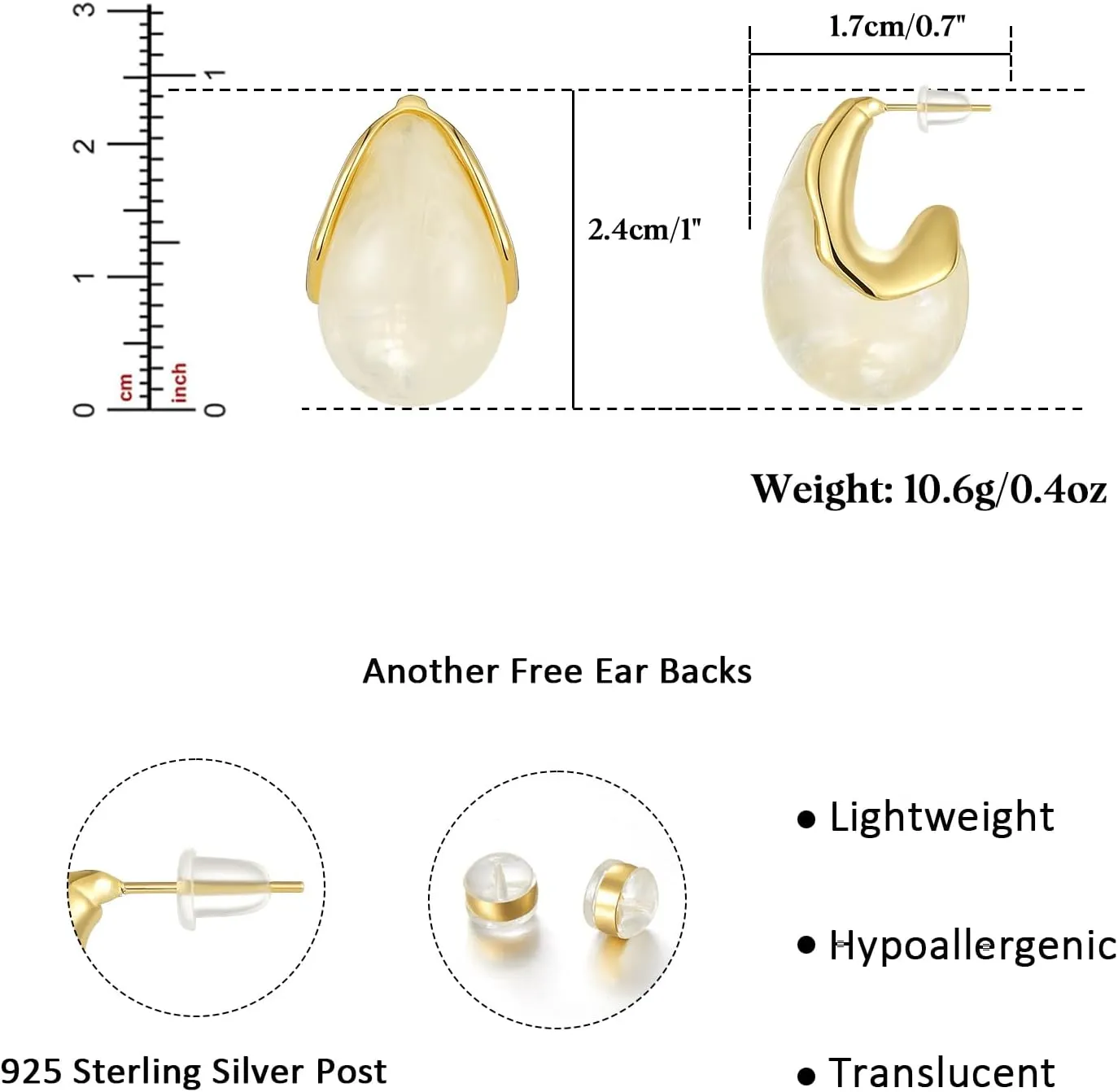 KissYan Acrylic Teardrop Earrings for Women, 14K Gold Plated Resin Chunky Hoop Earrings, Lightweight Hollow Open Drop Hoops Translucent Hypoallergenic Vintage Fashion Jewelry Gifts