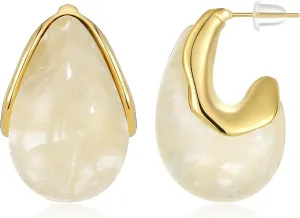 KissYan Acrylic Teardrop Earrings for Women, 14K Gold Plated Resin Chunky Hoop Earrings, Lightweight Hollow Open Drop Hoops Translucent Hypoallergenic Vintage Fashion Jewelry Gifts